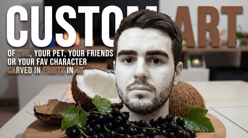 Custom fruit art - Man's head carved from coconuts and blackcurrants in 4K resolution